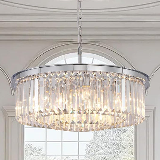 9Lights Crystal Chandelier Modern Chandeliers Lighting Pendant Ceiling Light Fixture 3-Tier for Dining Room Living Room Bedroom, Chrome Finished W24''