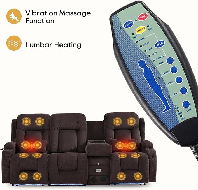 IPKIG Power Recliner Sofa with Flip-Up Backrest Console, USB & USB-C Ports, AC Outlet, LED Lights, Wall Hugger Recliners for Living Room, RV (Dark Brown, 89" - 4 Seat) | Velvet Fabric, Zero Gravity, Dual Reclining, 2 Lumabr Pillow, Bluetooth Speakers