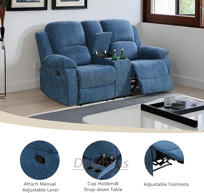 Microfiber Fabric Recliner Loveseat Couch Manual Reclining Couch Living Room Furniture 2 Seater Reclining Sofa with Cup Holders & Middle Storage Console for Home/Office/Rv Car (Blue, Loveseat)