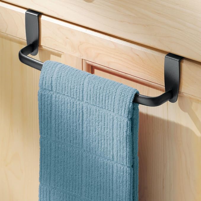 mDesign Steel Metal Wire Over Cabinet Towel Rack Storage Organizer - Hang on Cabinet or Door - Towel Bar Holder for Kitchen - Holds Hand Towels, Washcloths - Spira Collection, 2 Pack, Matte Black