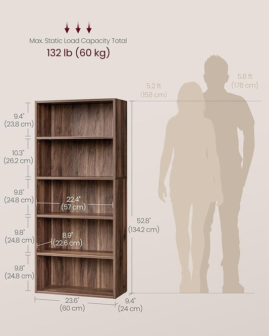 VASAGLE Custos Collection - Bookshelf, 5-Tier Bookcase, Book Shelf, Open Storage Shelf, 9.4 x 23.6 x 52.8 Inches, for Living Room, Home Office, Dinning Room, Natural Walnut ULBC165K01