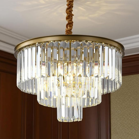 Golden Crystal Chandelier Lighting K9 Crystal Round Chandelier Suspended Ceiling Light Fixture 3 Tier Suitable for Modern Dining Room Living Room Bedroom Stairs