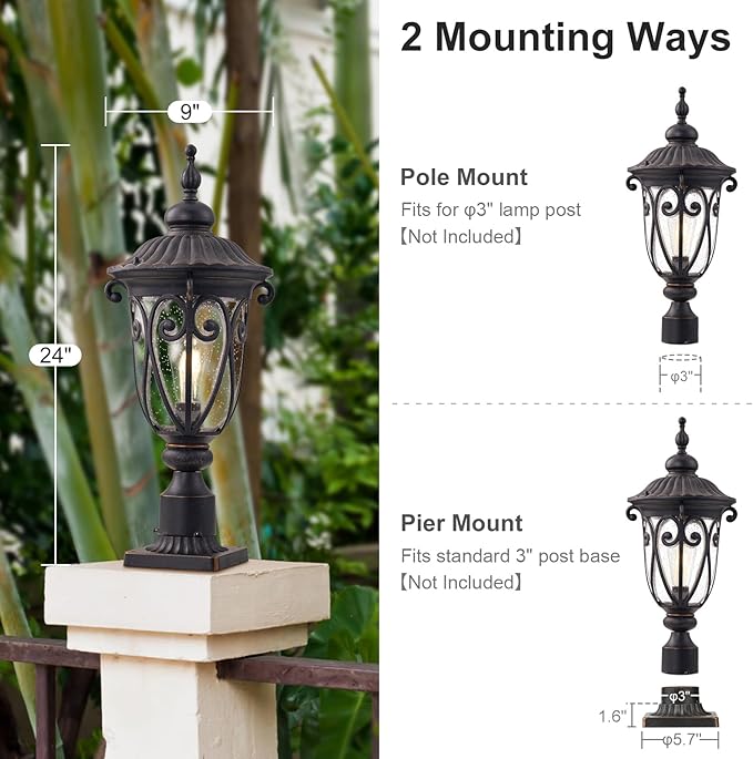 Outdoor Post Light Fixture with Pier Mount, 24 Inch High Vintage Post Lamp for Yard, Antique Bronze Exterior Waterproof Pole Lantern with Seeded Glass Shade, Aluminum, LM0519-M