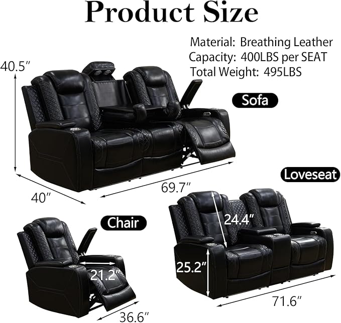 Power Reclining Sofa Set for Living Room, Leather Recliner Loveseat and Couch with Drop-Down Table, Power Pads, Cup Holders, Storage Console for House/Home Teather(Sofa and Loveseat, Black)