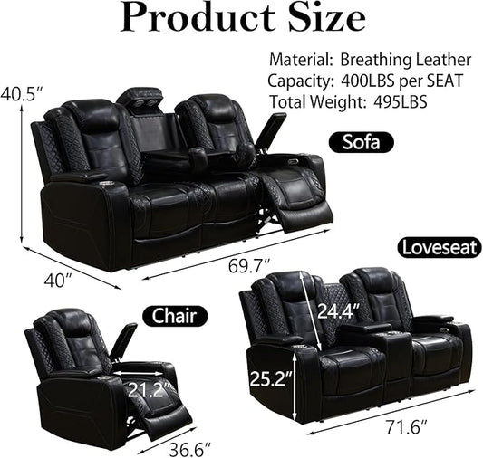 Power Reclining Sofa Set for Living Room, Leather Recliner Couch with Drop-Down Table, Power Pads, Reading Lights for House/Home Teather(3 Seater Sofa, Black)