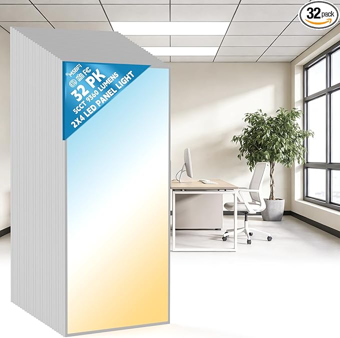 2x4 LED Flat Panel Light Drop Ceiling Office Fixture, 5 CCT 3000K-6500K Adjustable & 5 Wattage Selectable,0-10V Dimmable, 2X4 LED Flush Mount Ceiling Light, ETL Listed 32Pack