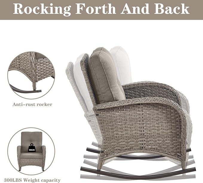 Belord Patio Rocking Chairs Wicker Set - Outdoor Rocking Chairs Set of 2 with Side Table, 3 Piece Patio Rocker Furniture Set with Water-Resistant Cushions for Porch Balcony Backyard