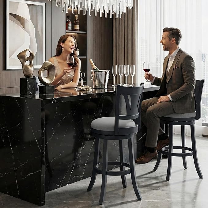 Swivel Bar Stools Set of 4,30 Inch Bar Height Barstool with Silent Rotation, High-Density Foam Cushion, Solid Wood Frame, Footrest & Anti-Slip Pads for Kitchen Islands and Home Bars (Grey)