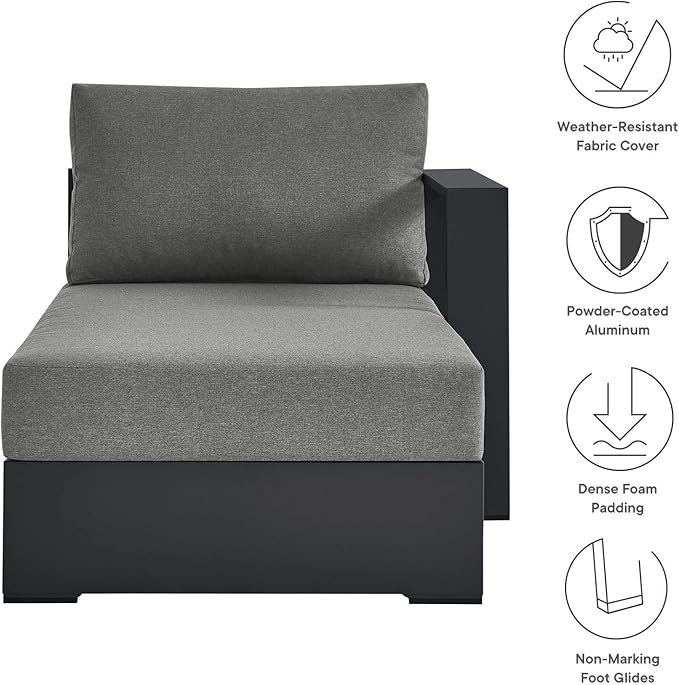 Modway Tahoe Powder-Coated Aluminum Outdoor Chaise Lounge in Gray Charcoal with Weather-Resistant Cushions, Modular Right-Facing Patio Lounger for Pool Furniture or Sectional Sofa Set