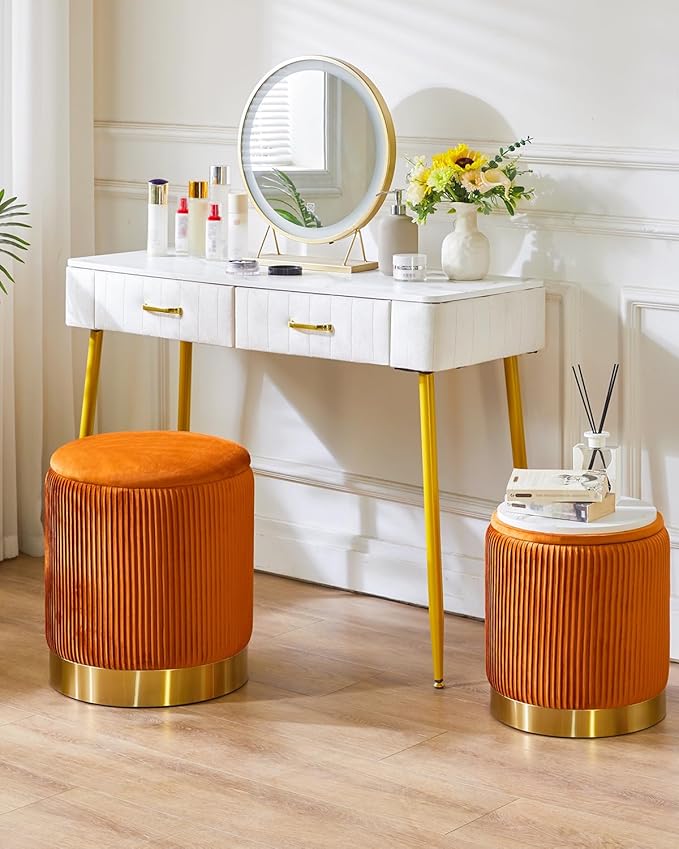 IBUYKE Round Storage Ottoman Set of 2 Ottoman for Dorm Vanity Stool with Storage Velvet FootStools End Table Boucle Ottoman for Home Organization Orange UWBD016J
