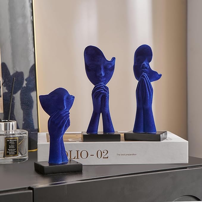 3 Pcs Navy Blue Decor Prayer Statues for Living Room Decor, Flocked Prayer of Peace Figurines Shelf Decor Accents, Abstract Sculptures for Bedroom Bookshelf Coffee Table Decor, Gifts for Women