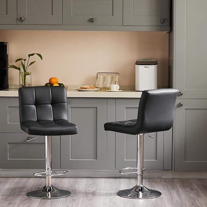 DUMOS Bar Stools Set of 2, Armless Adjustable Swivel Barstools, PU Leather Hydraulic Kitchen Counter Height Bar Stools, Thickened Seat Cushion Square Island Barstools with Back, Black