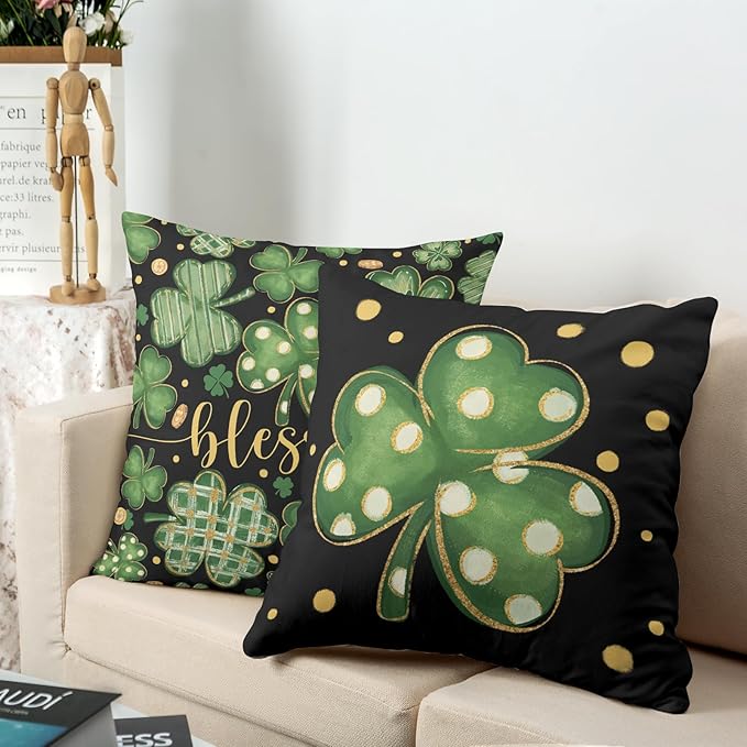 2 Pack St Patricks Day Pillow Covers Lucky Blessed Decorative Pillow Cases 22x22 Gold Coin Shamrock Clover Cushion Cases Saint Patricks Day Decorations for Home Sofa Couch