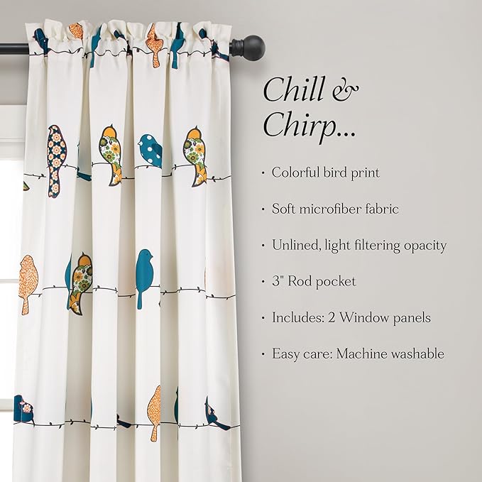 Lush Decor Rowley Birds Light Filtering Window Curtain Panels, Pair, 52" W x 84" L, Multi - Colorful Floral Print - Whimsical & Playful Bird Curtains For Bedroom, Living Room, Or Dining Room