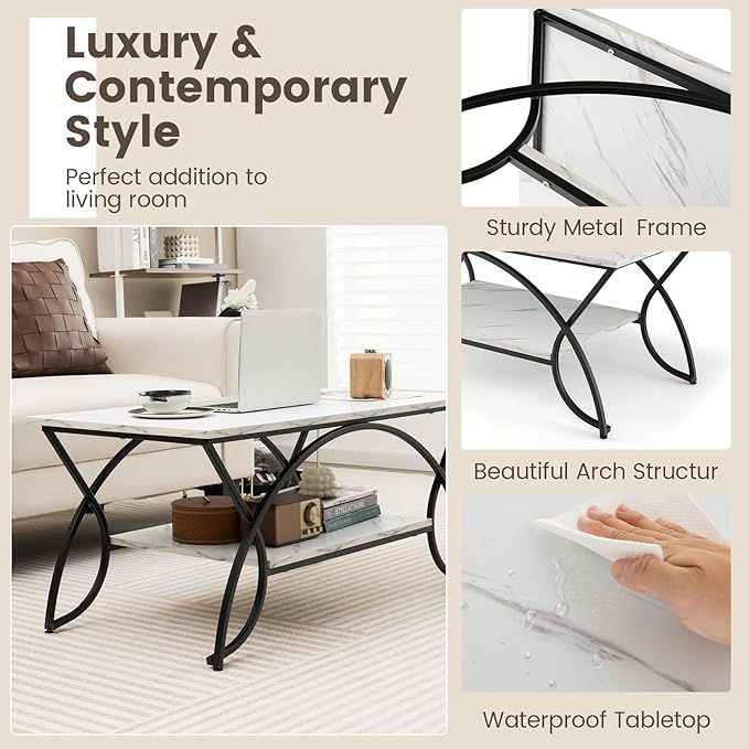 COSTWAY 2-Tier Coffee Table, Modern Faux Marble Accent Table with Storage and Black Finished Metal Frame, Chic Rectangular End Table for Living Room Office Lounge (White+Black)