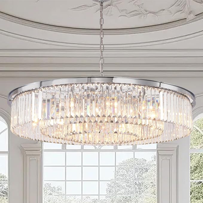 Large Crystal Chandelier Modern Luxury Pendant Ceiling Lights Fixture for Dining Living Room 18-Lights 3-Tier Raindrop Chandeliers Lighting (Chrome, Dia 39 Inch)