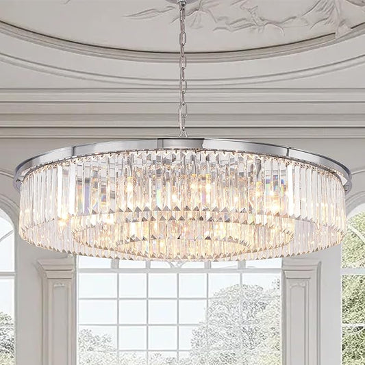 Large Crystal Chandelier Modern Luxury Pendant Ceiling Lights Fixture for Dining Living Room 18-Lights 3-Tier Raindrop Chandeliers Lighting (Chrome, Dia 39 Inch)