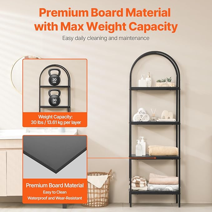 VEVOR Metal Bookshelf, 4-Tier Arched Industrial Bookshelf, Small Rustic Vintage Storage Bookcase with Open Shelves, Freestanding Display Shelving Unit Storage Rack, for Living Room, Bedroom & Office