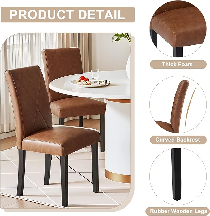 VECELO Upholstered Dining Chairs Set of 2, Modern PU Leather and Solid Wood Legs & High Back for Kitchen/Living Room- Brown