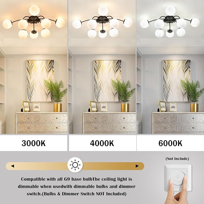 8-Light Milk Glass Pendant Light, 33" Sputnik Bubble Glass Chandelier Light Fixture, Hand Blown Semi Flush Mount Ceiling Chandeliers Lighting for Dining Room, Living Room (Black, 8-Light Ceiling)