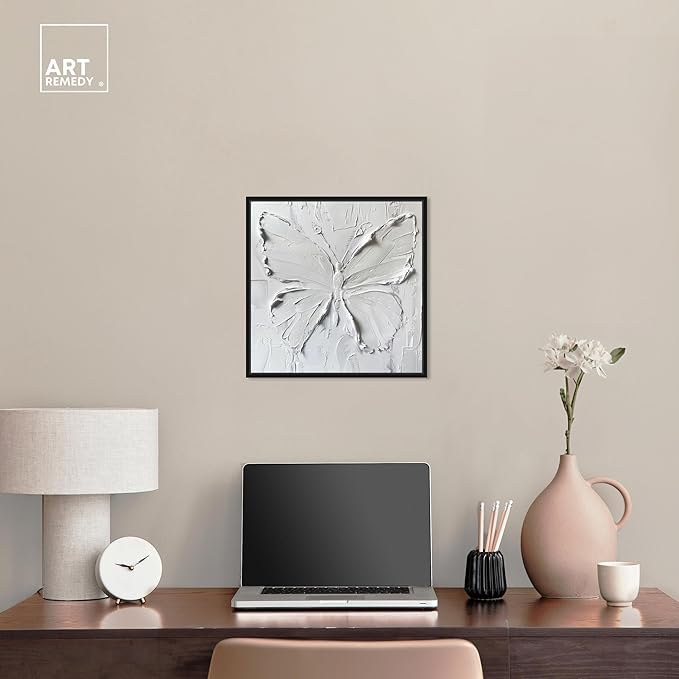 Art Remedy White Butterfly Canvas Elegant White Gold Wall Art, Black Frame, 16" x 16"