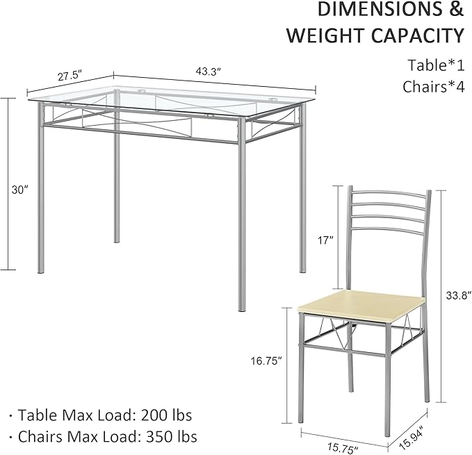 VECELO 5 Piece Dining Table and Chairs Set for 4, Glass Tabletop, Small Space, Silver