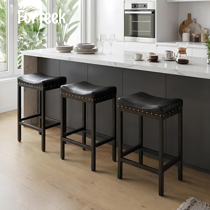 Counter Height Bar Stools, 25.5 Inch, Industrial Vintage Bar Stool with Nailhead, Faux Leather Barstool with Footrest, Saddle Stool for Kitchen Island, Dining Room, Easy Assembly