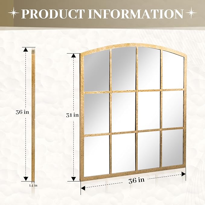 Hand-Forged Gold Window Pane Mirror, 36 Inch Wide Window Mirror, Metal Frame Arched Decorative Mirrors, Antique Grid Wall Mirrors for Living Room, Bedroom, Entryway