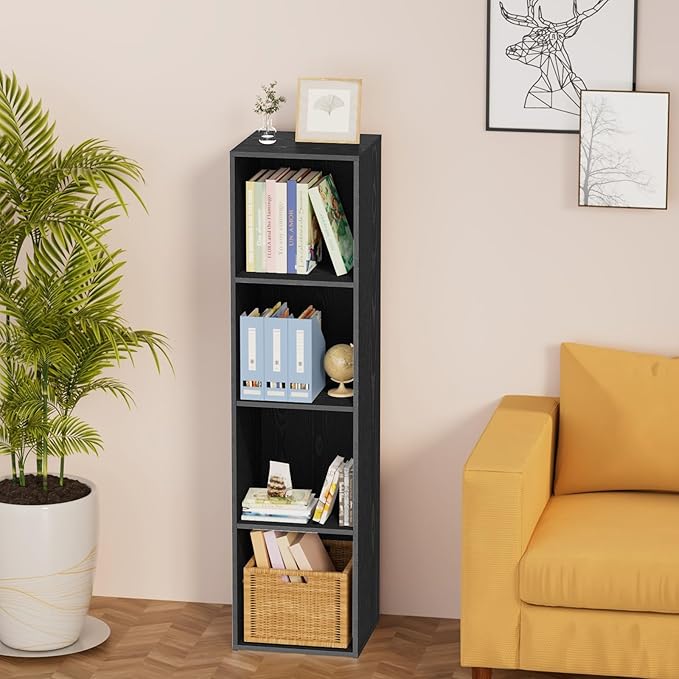 4 Tier Bookshelf, Freestanding Corner Storage Shelve Book Case for Narrow Space, 4 Cube Storage Organizer Small Bookcase for Home Office Living Room (Black, 4 Cube)