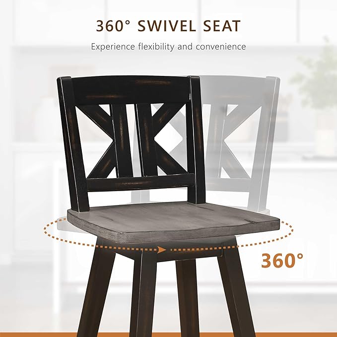 Lexicon Bar Height Bar Stools Set of 2-Solid Wood Frame 360° Swivel Wooden Stools, Foot Rest, KK Back, Wide Seat, Distressed Farmhouse Easy to Clean Finish, 28.5" SH, Antique Black/Grey