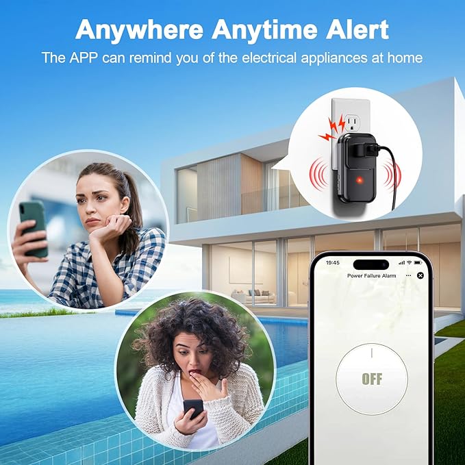Smart Power Failure Alarm WiFi, 110dB Frezzer Power Outage Alarm WiFi with LED Indicator, Power Loss App Alerts Smart Power Failure Detector for Refrigerator, GFCI Trips, Sump PUM（ WiFi Black-2PC