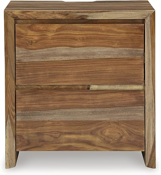 Signature Design by Ashley Dressonni Contemporary Velvet-Lined 2 Drawer Nightstand with Power Supply, USB-A and USB-C Ports, 26" Tall, Light Brown