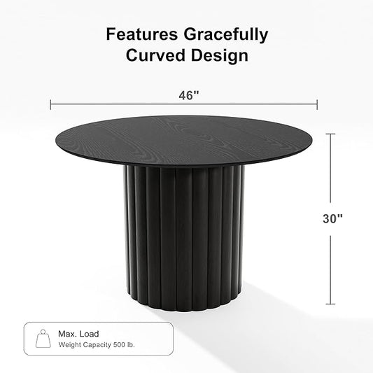 Casaphoria 46" Round Dining Table, Modern Wood Kitchen Table with Wide Column Pedestal Base for Living Room & Dining Room, Easy Assembly Farmhouse Furniture for 4-6, Black