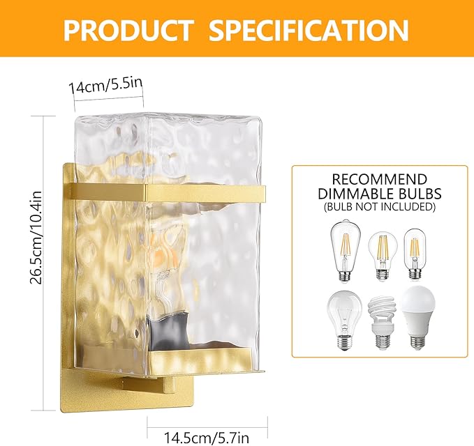 Outdoor Wall Light,Gold Exterior Waterproof Lanterns,Porch Sconces Wall Mounted Lighting with E26 Sockets & Glass Shades, for Garage,Doorway,Patio,Front Door
