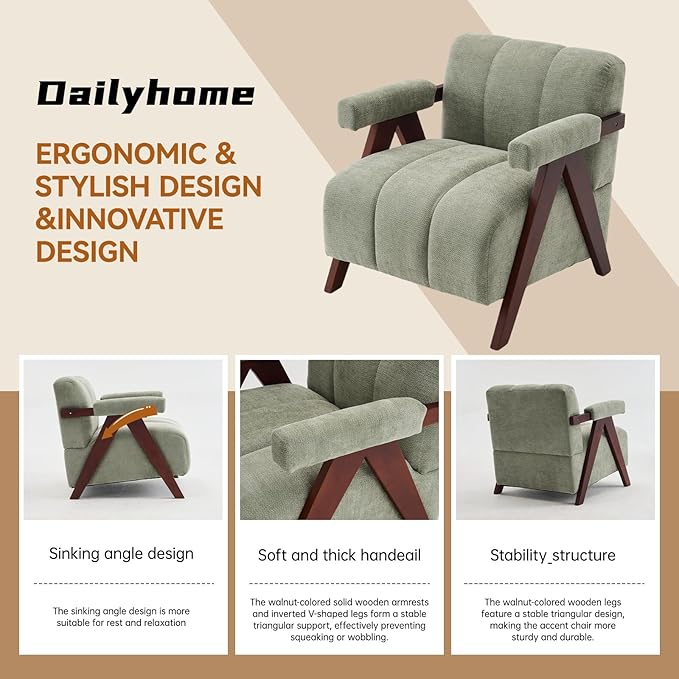 Accent Chairs Set of 2 Mid-Century Modern with Wide Backrest for Bedroom, Upholstered Living Room Chair with Wooden, Lounge Armchair with Thick Cushion, Cute Chenille Comfy Chair, Sage
