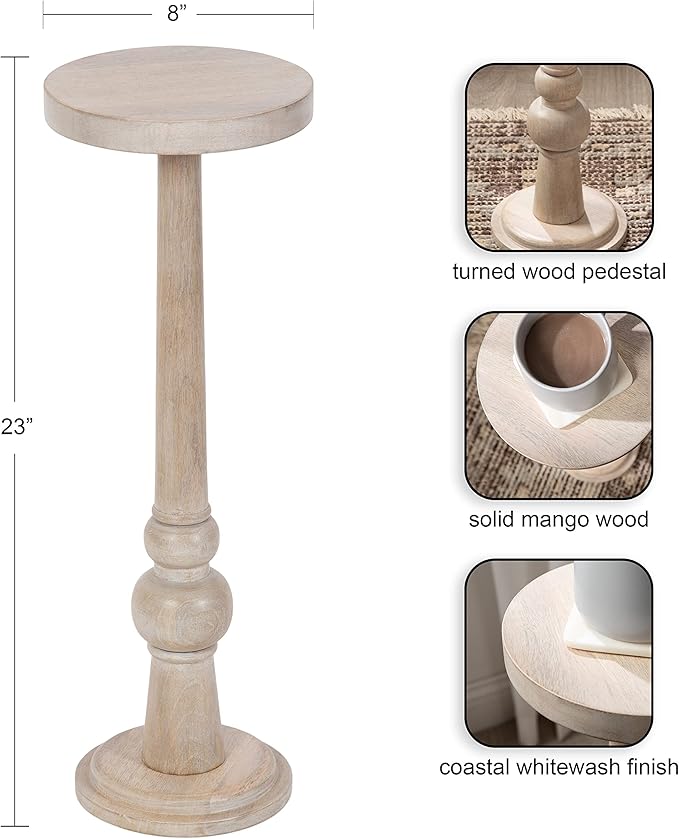 Kate and Laurel Wegner Coastal Wooden Round Drink Table; 8 x 23; Whitewash; Elegant and Durable Pedestal Table for Use as Small Drink Table; Plant Stand; or Decorative Item Display