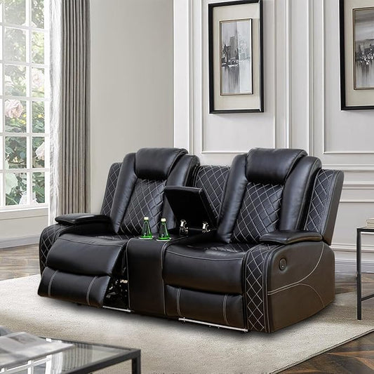 Power Recliner Loveseat, Air Leather Reclining Couch with LED/Cup Holders/Storage, 2-Seater Reclining Sofa, Black Leather Couch for House/Apartment/Office