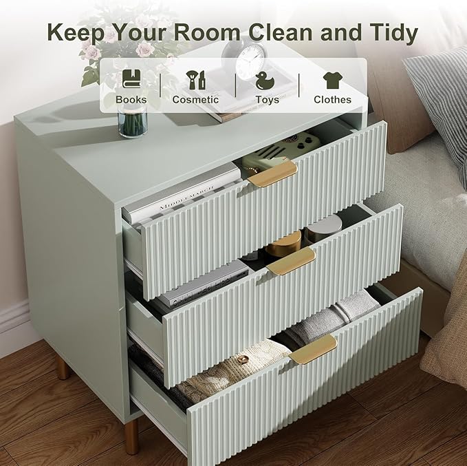 IDEALHOUSE Green Dresser, Modern 3 Drawer Dresser for Bedroom with Gold Handle and Large Drawer, Wood Double Chest of Drawers and Storage Organizer for Living Room, Hallway, Entryway