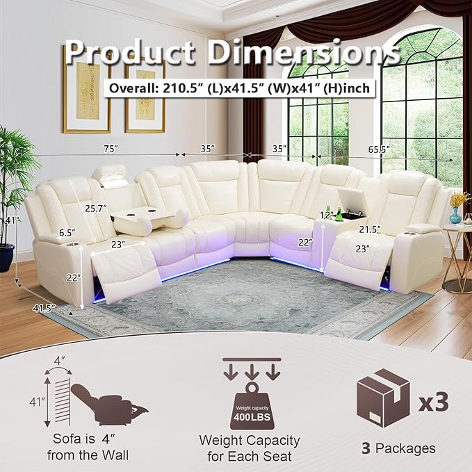 Power Leather Recliner Sectional Sofa with LED Lights for Living Room, L Shaped Reclining Sectional Sofa, Modular Leather Couch with Coffee Table/Hidden Storage for Home Theater Seating