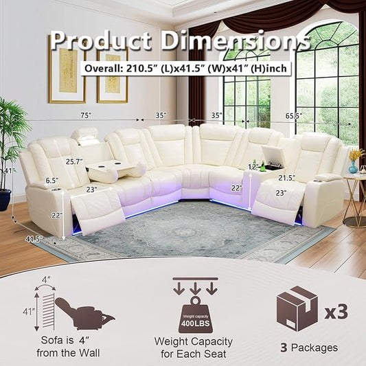 Power Leather Recliner Sectional Sofa with LED Lights for Living Room, L Shaped Reclining Sectional Sofa, Modular Leather Couch with Coffee Table/Hidden Storage for Home Theater Seating