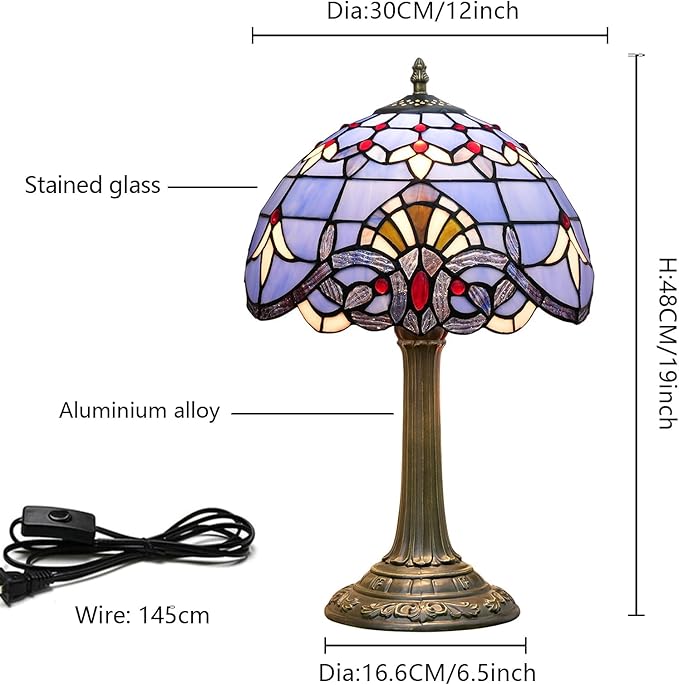 Tiffany Lamp Stained Glass lamp 12 inches Bedside Table Lamps for Living Room Bedroom Dorm Kitchen Home Decor Festival Birthday Gift,Blue Baroque