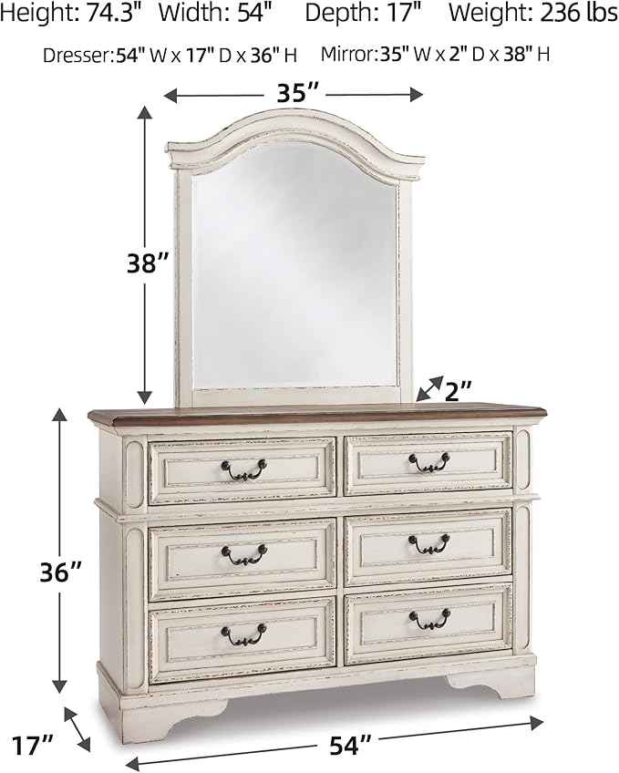 Signature Design by Ashley Realyn Cottage 6-Drawer Dresser and Mirror with Safety Stop and Felt-Lined Top Drawer, White