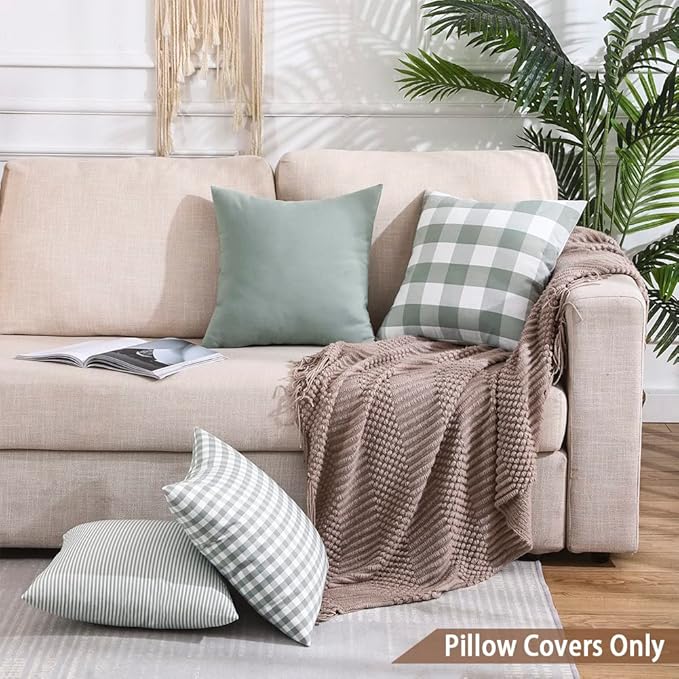 ARRIE Home Farmhouse Light Green Striped Throw Pillow Covers 18x18 Neutral Striped Outdoor Pillow Cover 18 x 18 Set of 2 for Patio Sofa Porch, Grey Green and White
