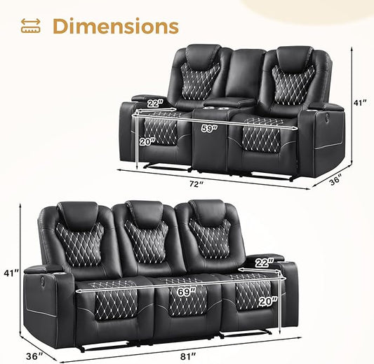 ANJ Power Recliner Sofa Set, Faux Leather Reclining Couch Sets for Living Room, Included Loveseat Sofa and 2PC 3 Seat Recliner Sofa, Black