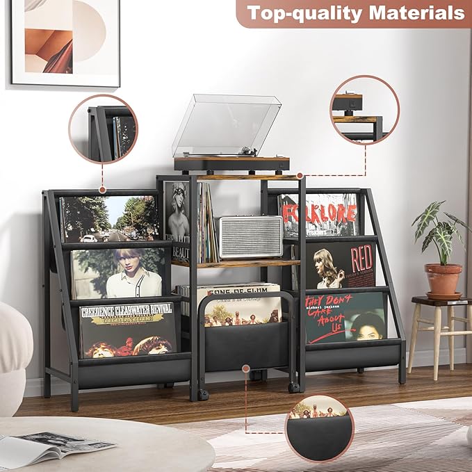 Record Player Stand with Vinyl Storage Cart, Record Player Table with Record Storage 200 Albums, Turntable Stand with Record Holder Vinyl Display Shelf, Record Cabinet Media Stereo