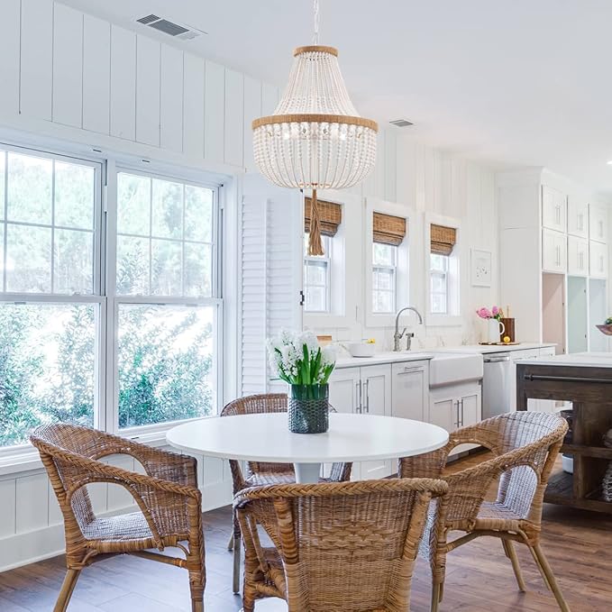 4 Lights Wood Beaded Farmhouse Chandelier with Tassels Bohemia Antique Rustic Pendant Light for Bedroom Kitchen Island Dining Living Room Foyer, White, Dia 17 Inch