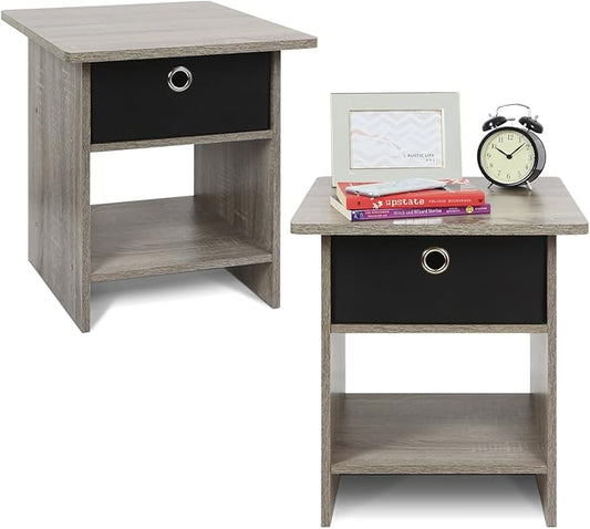 Furinno Dario End Table / Side Table / Night Stand / Bedside Table with Bin Drawer, 2-Pack, French Oak Grey/Black