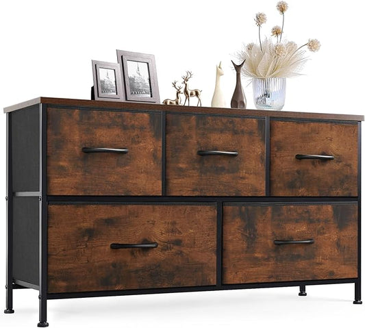 Sweetcrispy Dresser for Bedroom with 5 Storage Drawers, Fabric Storage Tower Organizer, Chest of Drawers with Metal Frame Wooden Top for Closet, Living Room, Entryway, Rust Brown