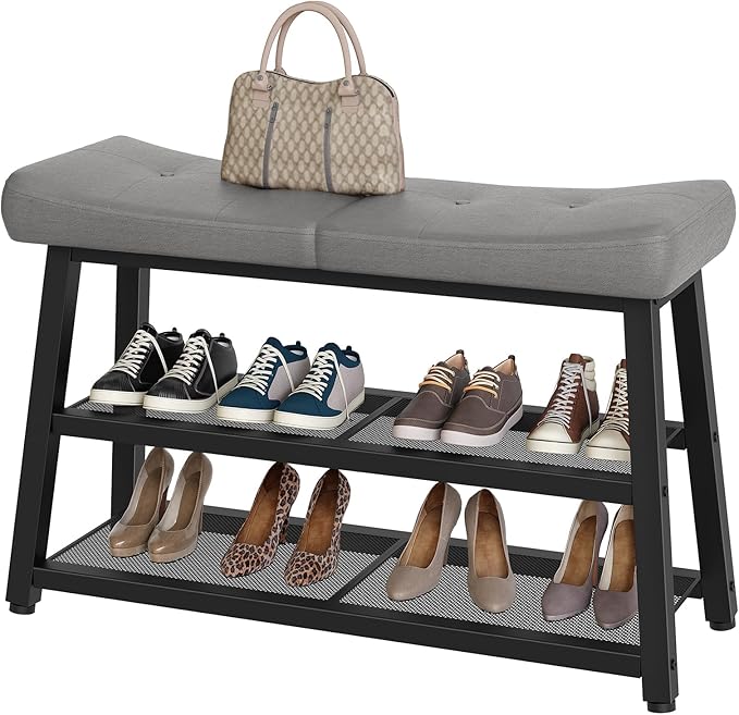 Shoe Bench, 3-Tier Shoe Rack, Entryway Bench with Storage and Cushion, for Hallway, Foyer, Bedroom, Gray and Black HX02BG