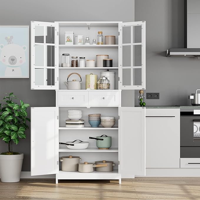71" Tall Kitchen Pantry Storage Cabinet, Pantry Cabinet with Drawers and Glass Doors, Freestanding Kitchen Cupboard for Dining Room, Laundry, White